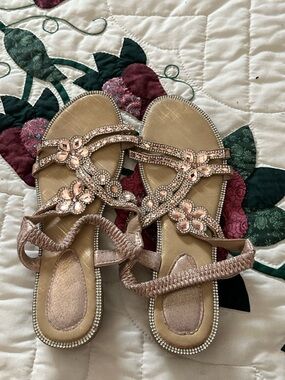 Embellished Pink Crystal T-Strap Sandals